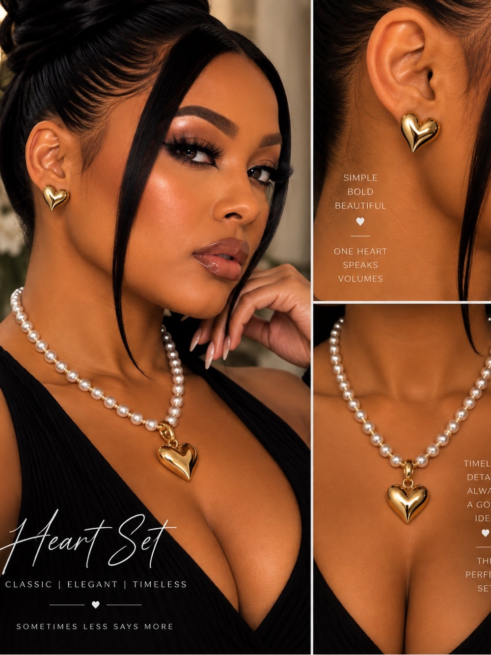 Gold Heart Pearl Necklace and Earring Set - Elegant Women’s Jewelry